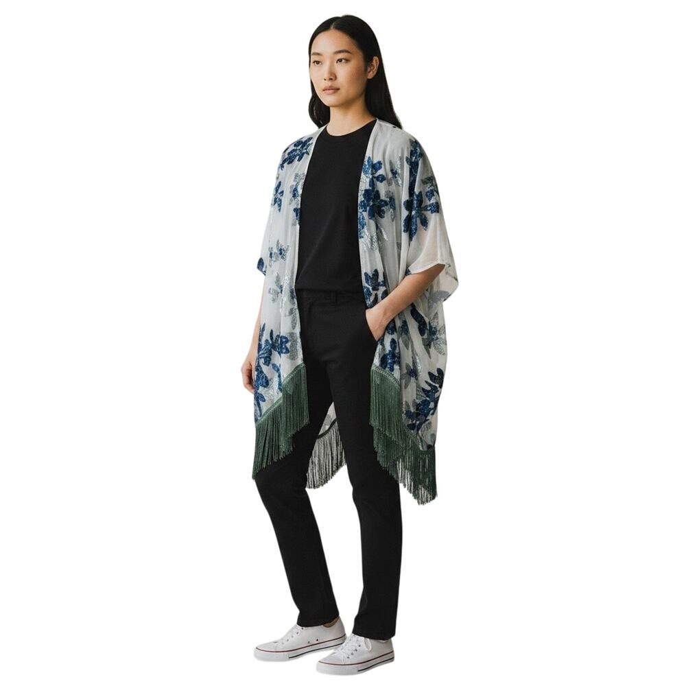 MARCUS ADLER NY Women’s Boho Blue Velvet Burnout Fringed Sheer Kimono